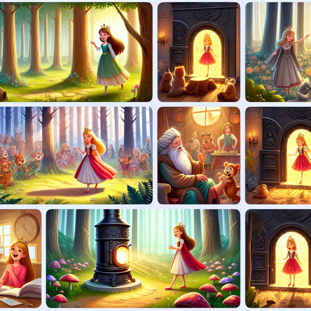 Colorful cartoon storyboard showing 8 key scenes from The Princess and the Iron Stove