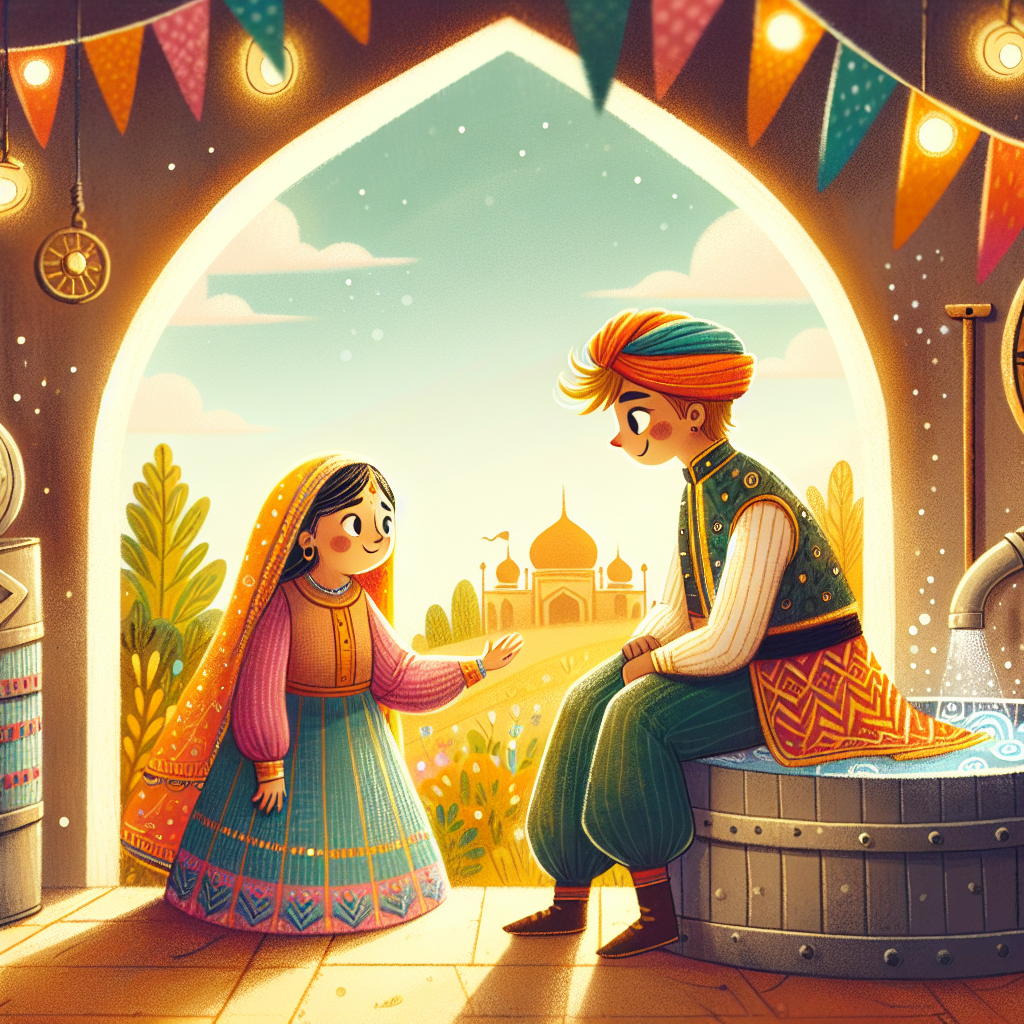 Colorful children's illustration for the story: The Prince and the Washerwoman