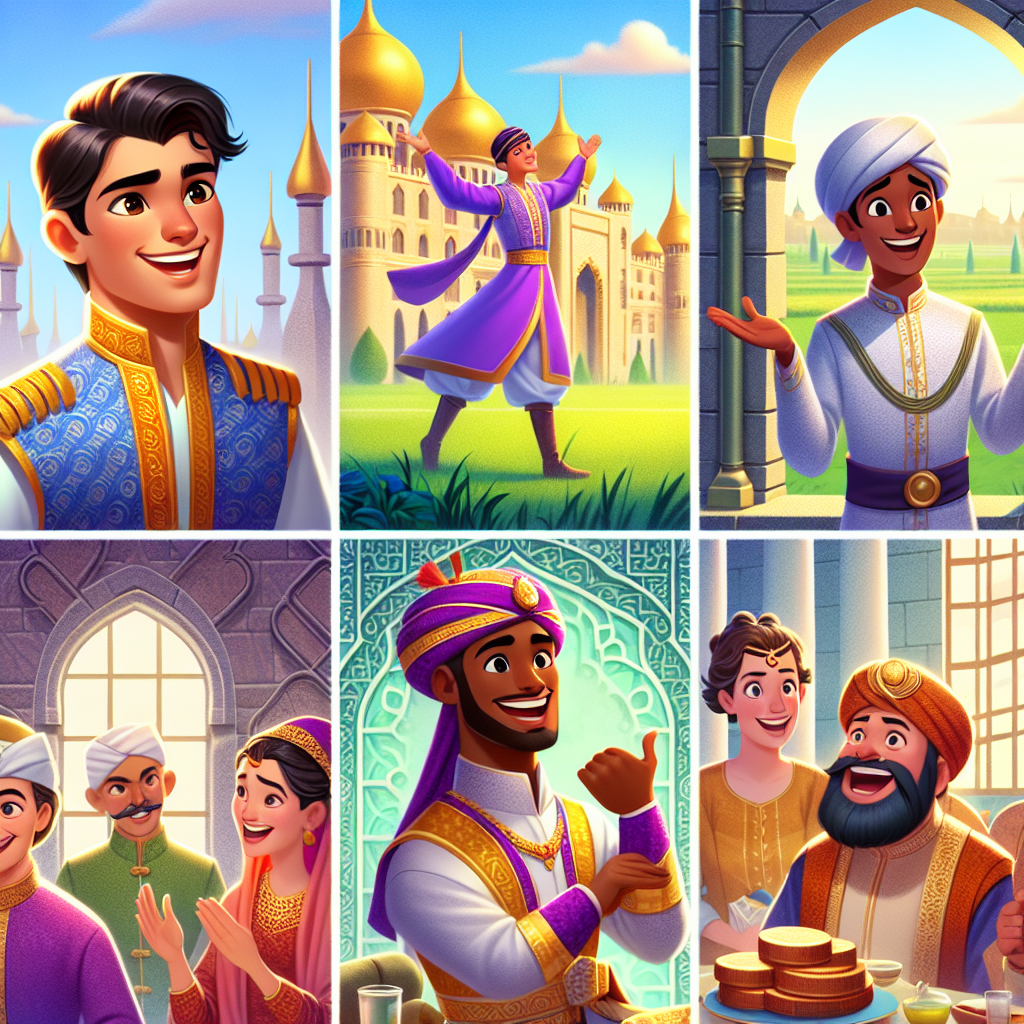 Colorful cartoon storyboard showing 8 key scenes from The Prince Who Could Not Choose