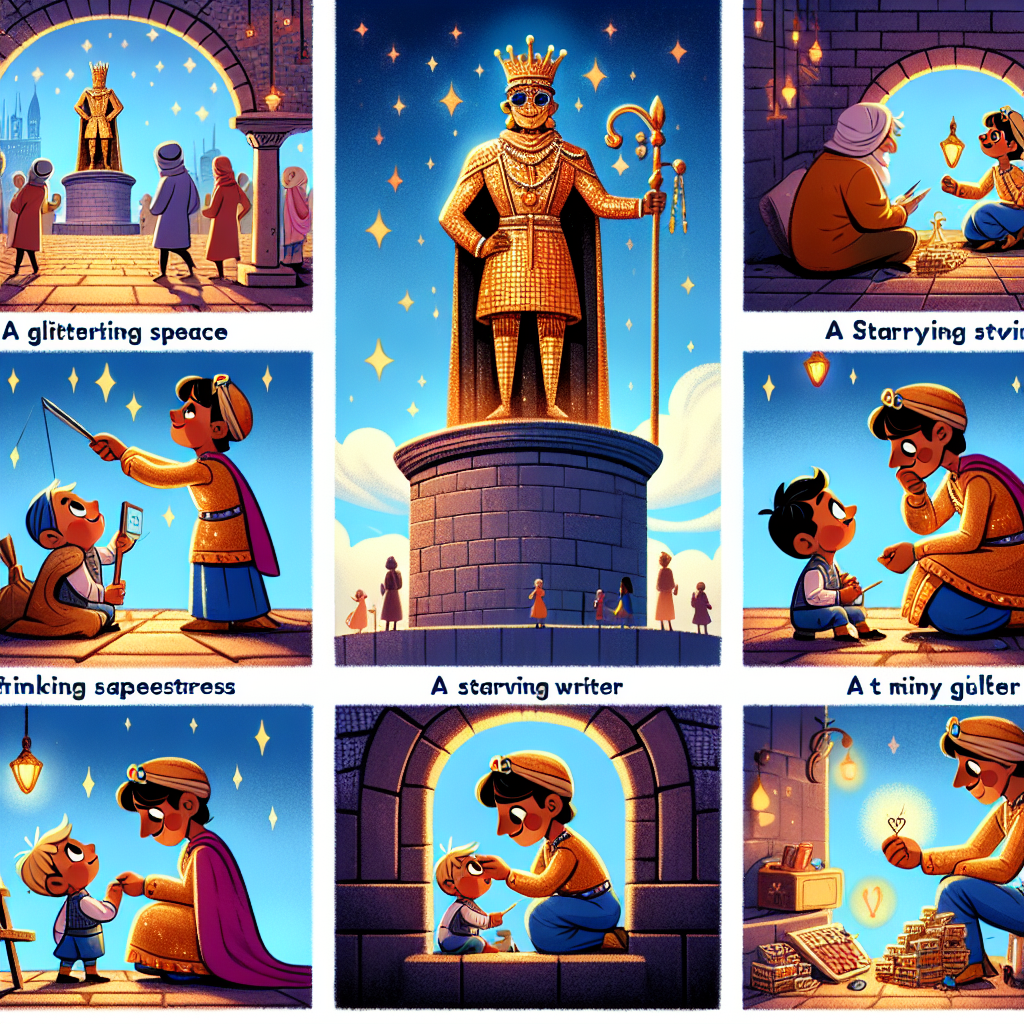 Colorful cartoon storyboard showing 8 key scenes from The Happy Prince