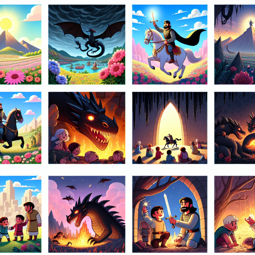 Colorful cartoon storyboard showing 8 key scenes from The Prince and the Dragon