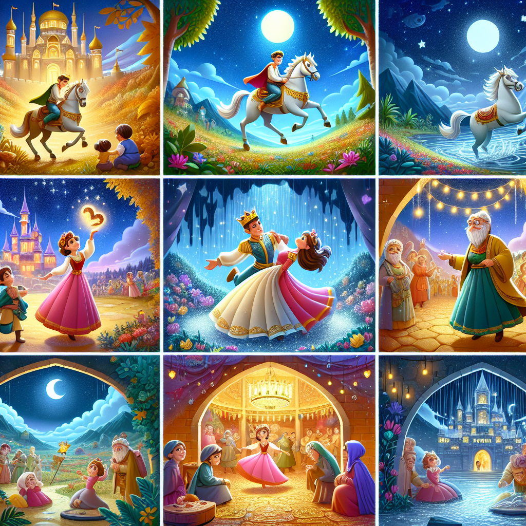 Colorful cartoon storyboard showing 8 key scenes from The Prince Who Searched the World