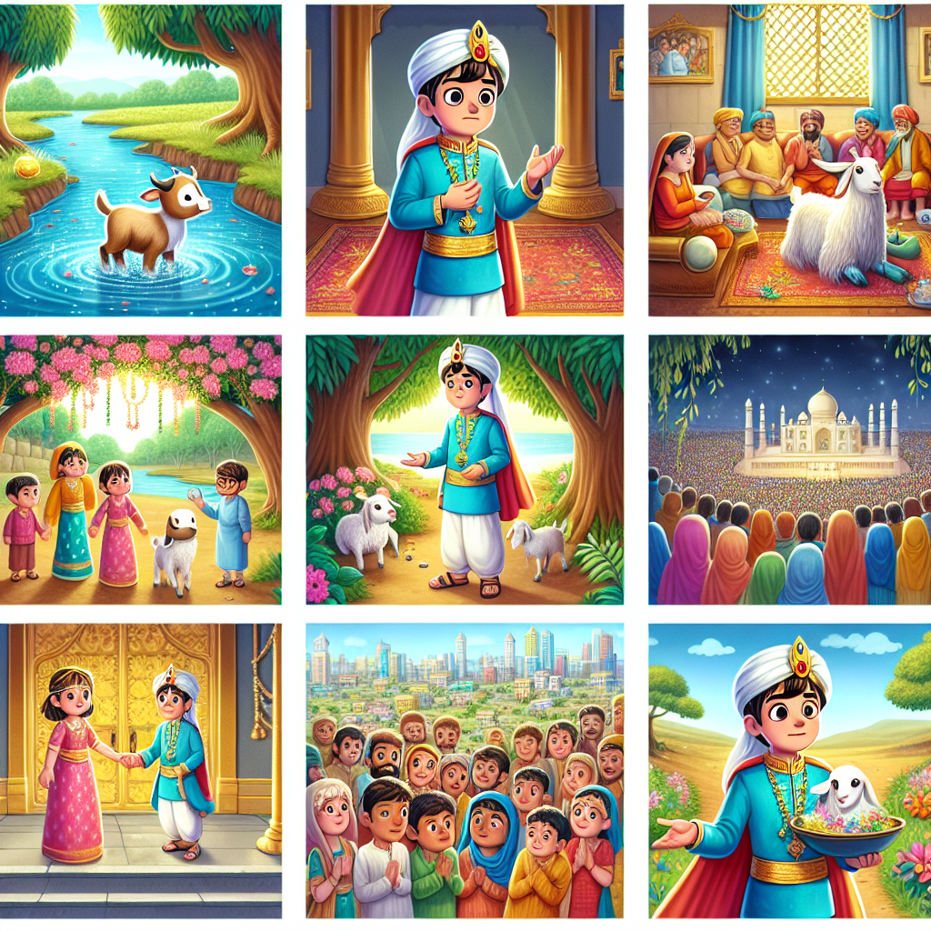 Colorful cartoon storyboard showing 8 key scenes from The Prince Who Overcame Superstition