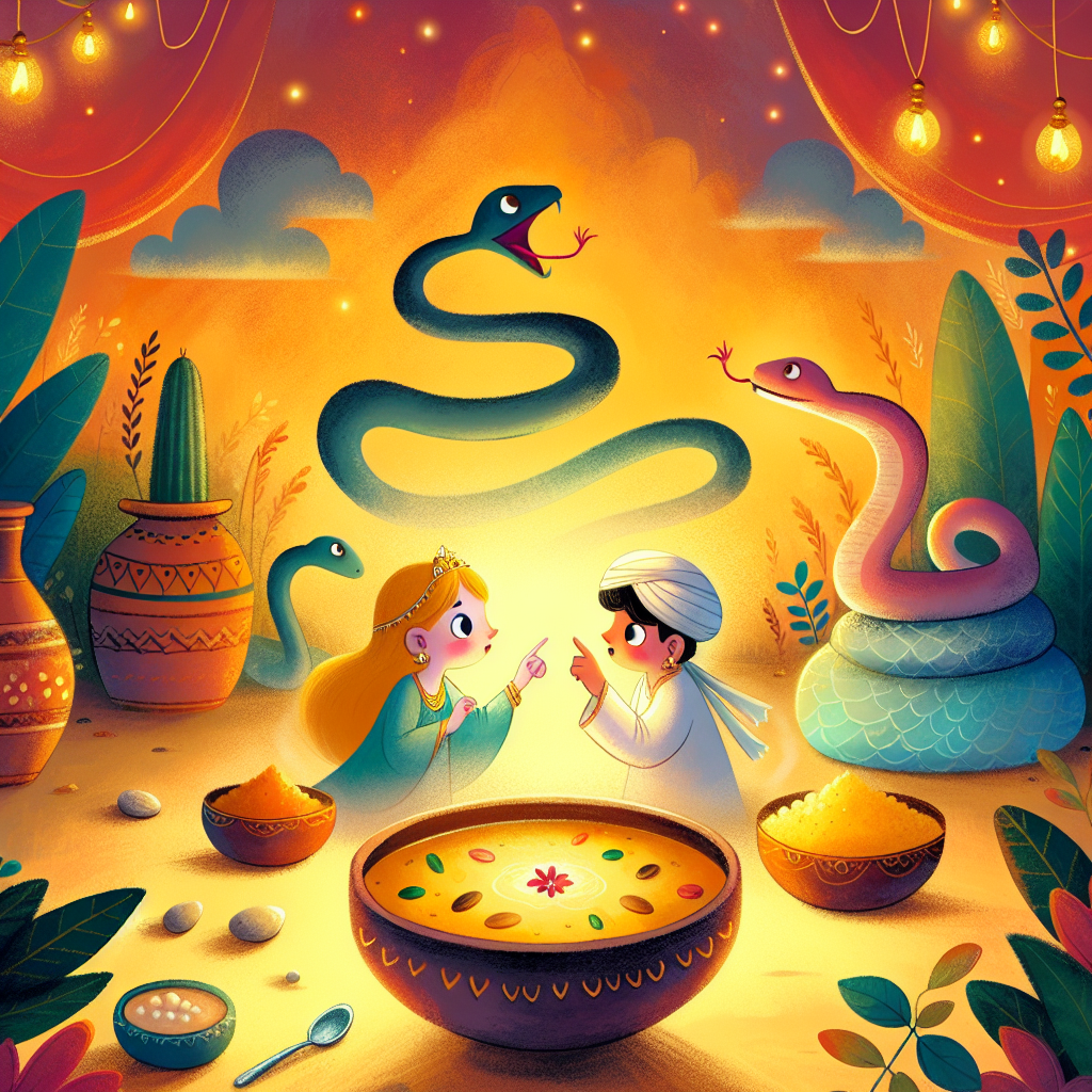 Colorful children's illustration for the story: The Prince and the Two Snakes