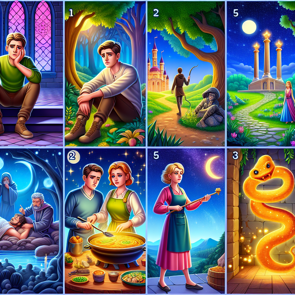 Colorful cartoon storyboard showing 8 key scenes from The Prince and the Two Snakes