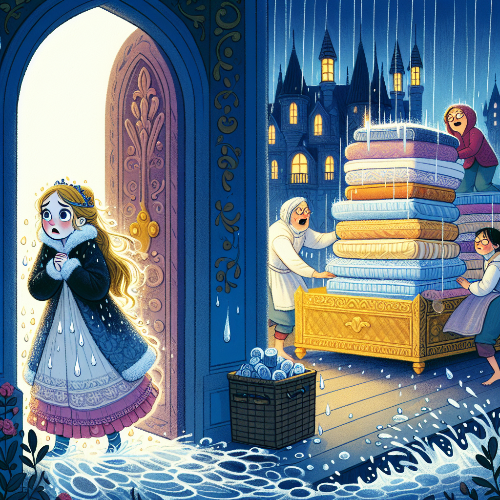 Colorful children's illustration for the story: The Princess and the Pea