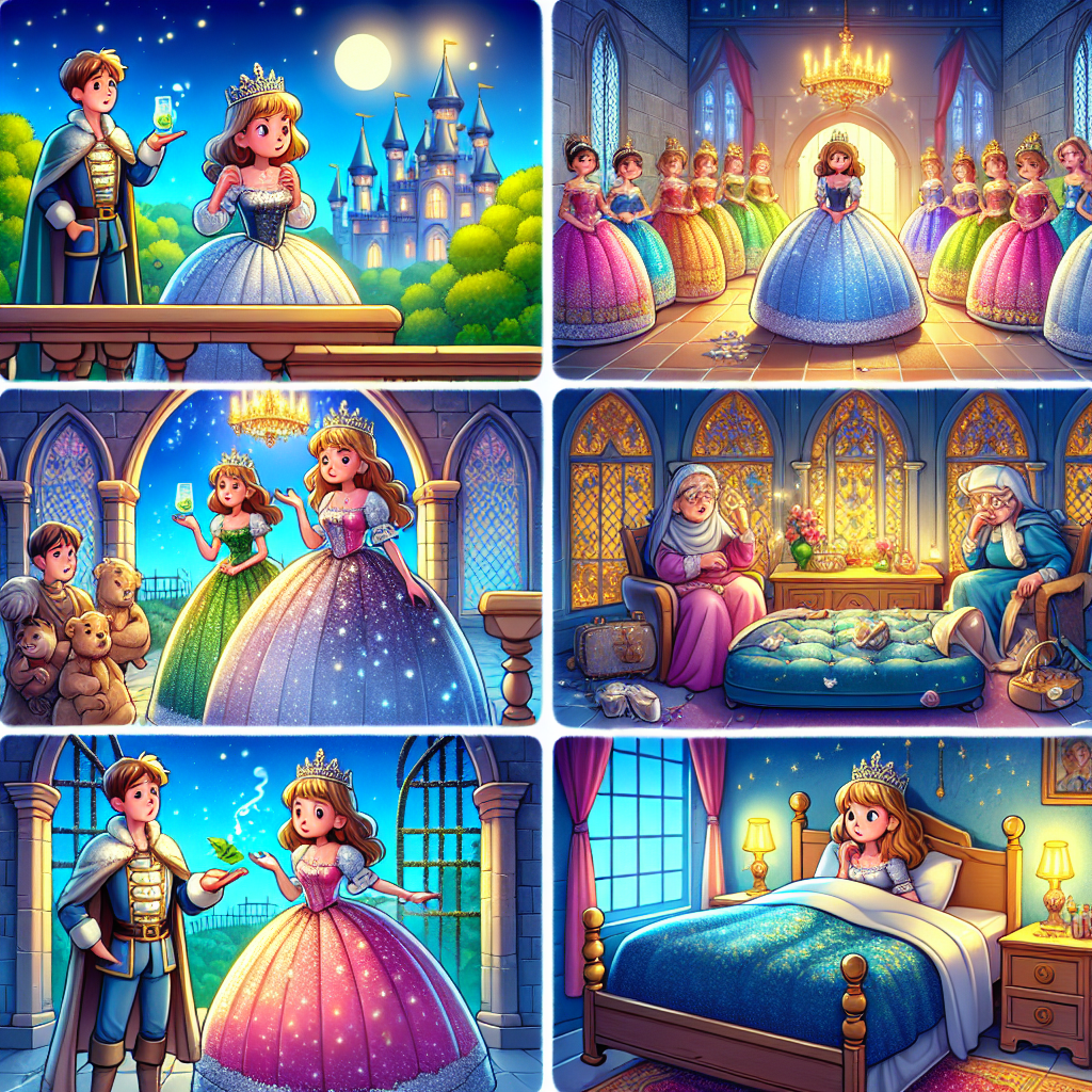 Colorful cartoon storyboard showing 8 key scenes from The Princess and the Pea