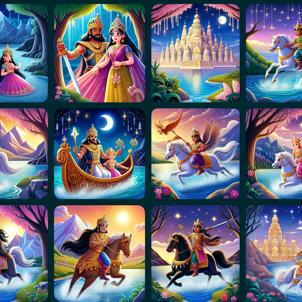 Colorful cartoon storyboard showing 8 key scenes from The Three Kings and the Princess