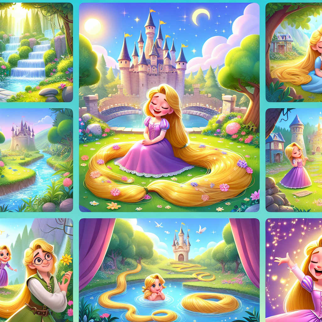 Colorful cartoon storyboard showing 8 key scenes from Rapunzel