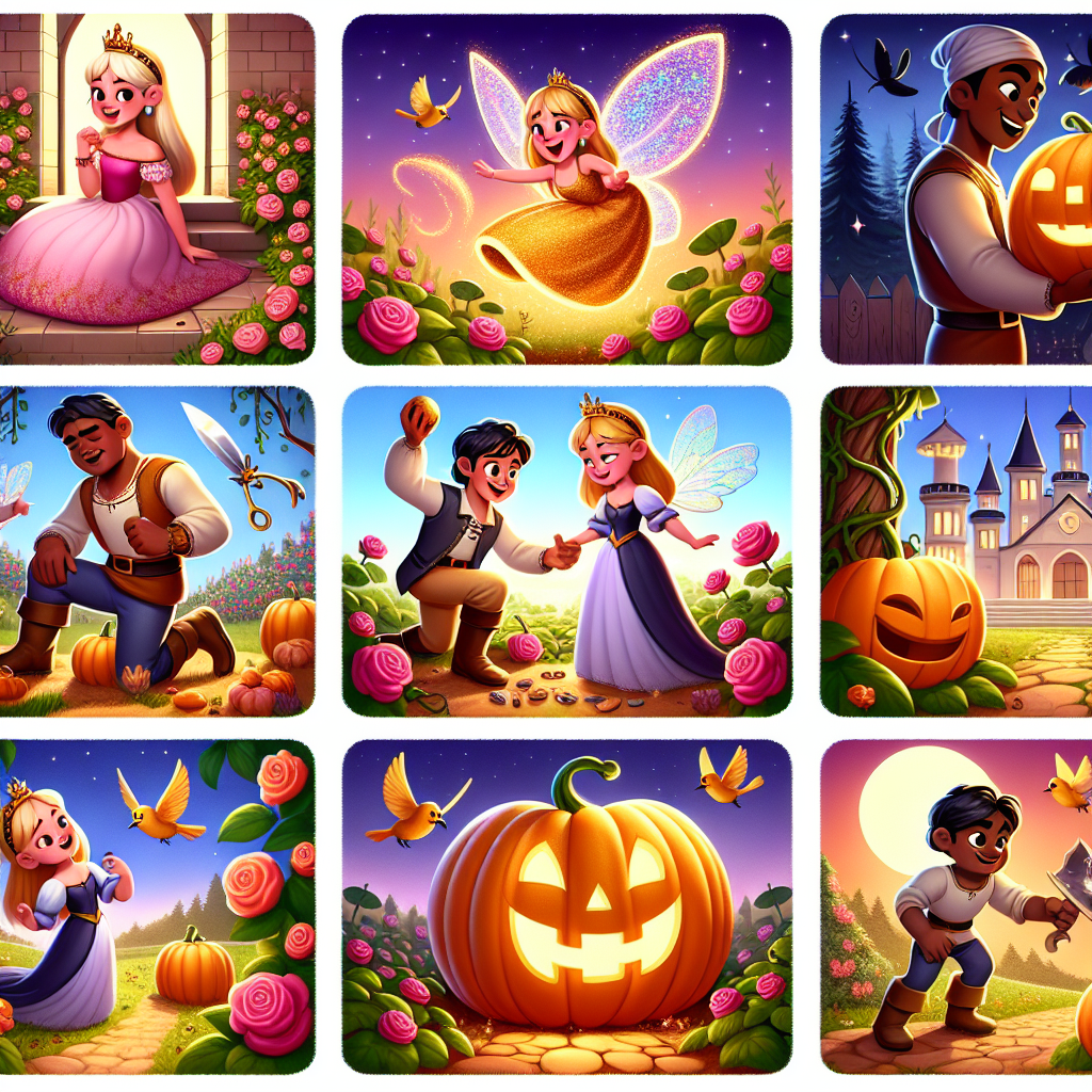 Colorful cartoon storyboard showing 8 key scenes from The Princess and the Pumpkin