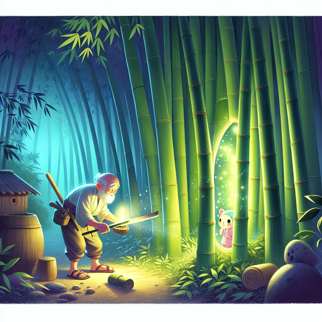 Colorful children's illustration for the story: The Tale of the Bamboo Cutter
