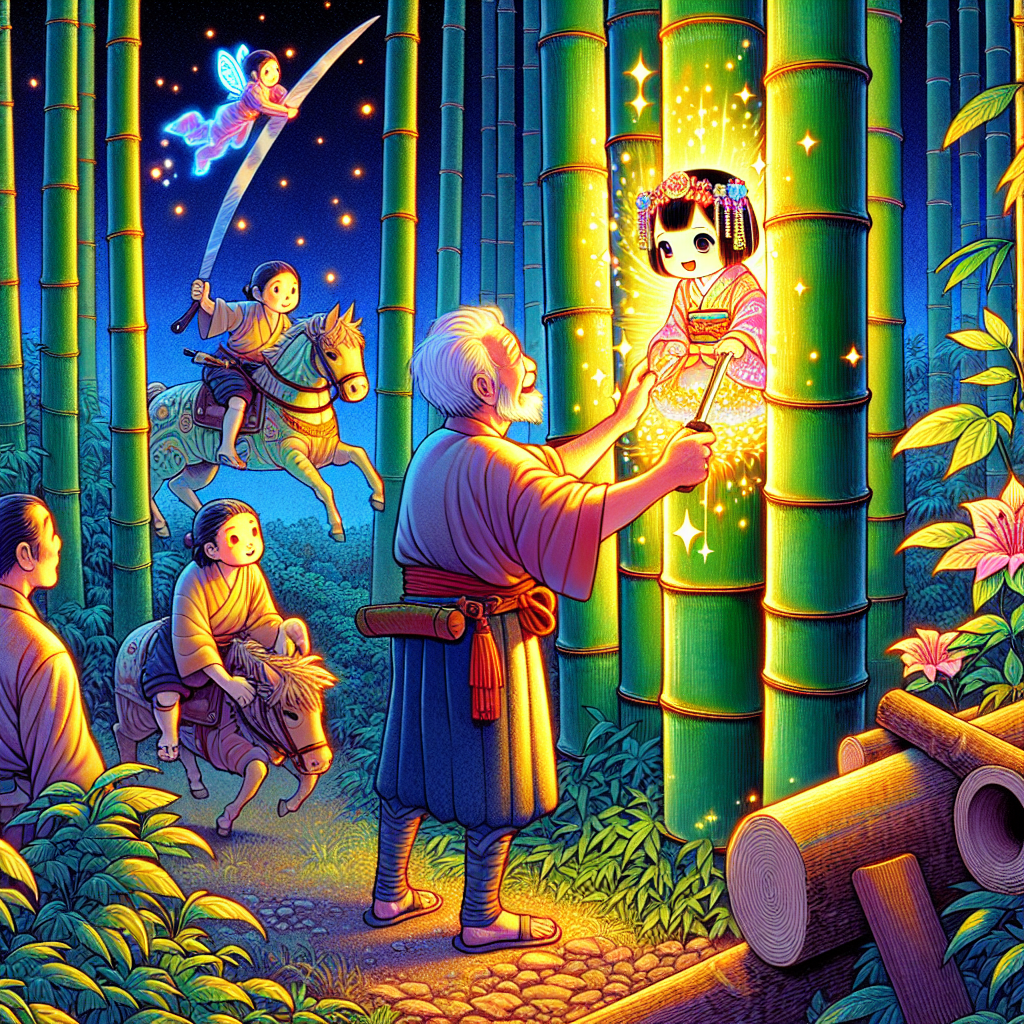Colorful cartoon storyboard showing 8 key scenes from The Tale of the Bamboo Cutter