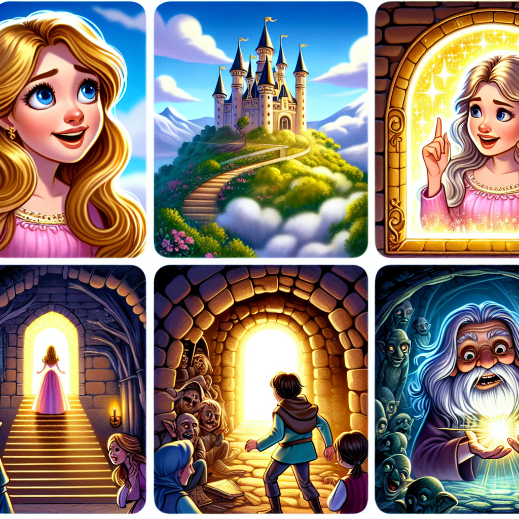Colorful cartoon storyboard showing 8 key scenes from The Princess and the Goblin