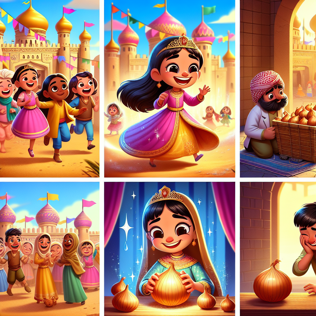 Colorful cartoon storyboard showing 8 key scenes from The Princess Who Learned to Cry