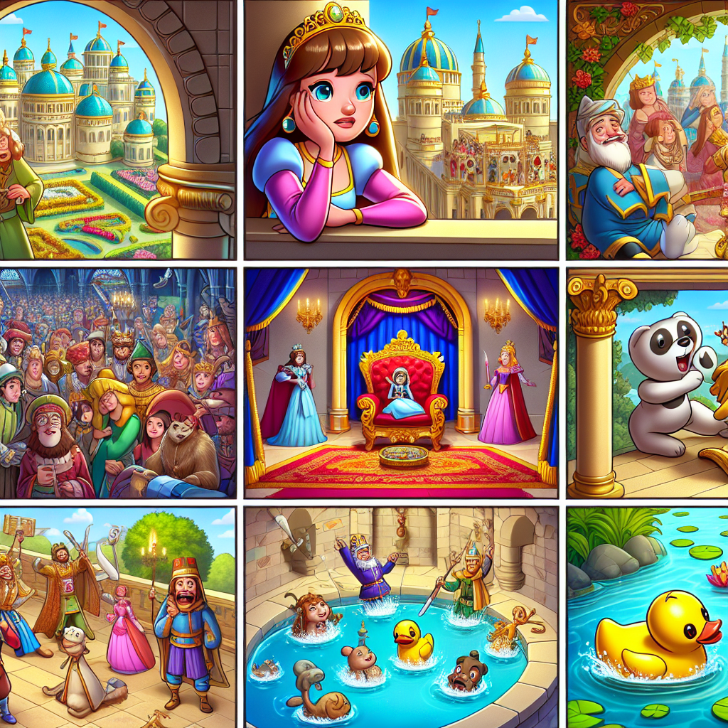 Colorful cartoon storyboard showing 8 key scenes from The Princess Who Learned to Laugh
