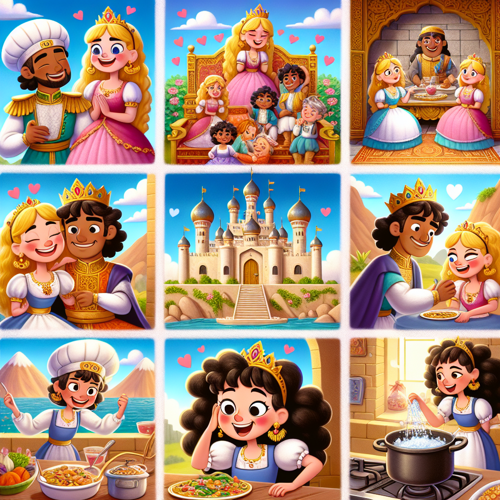 Colorful cartoon storyboard showing 8 key scenes from The Princess Who Loved Salt
