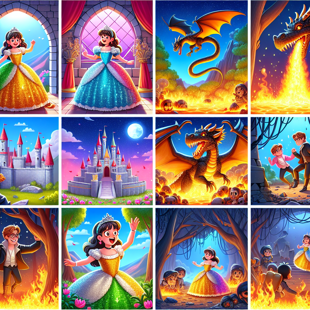 Colorful cartoon storyboard showing 8 key scenes from The Princess Who Rescued Herself