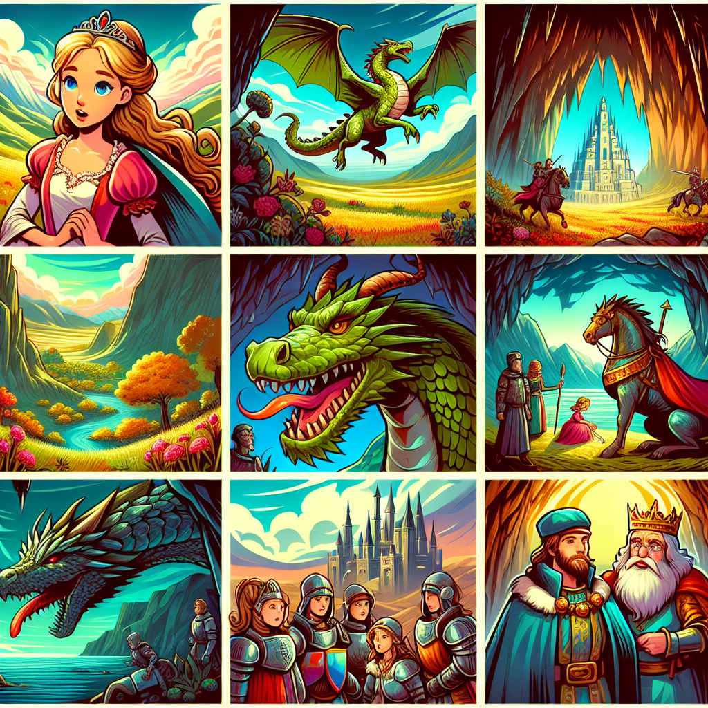 Colorful cartoon storyboard showing 8 key scenes from The Princess Who Saved Herself