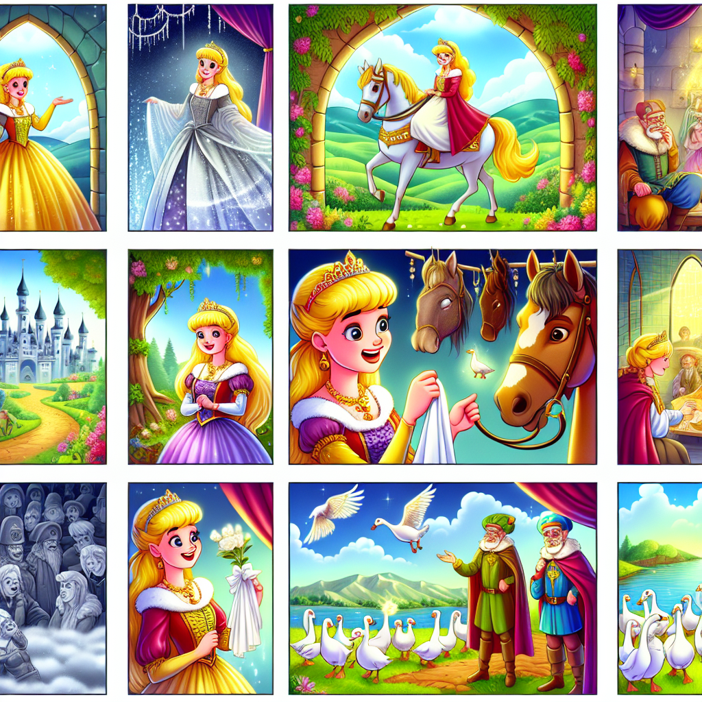 Colorful cartoon storyboard showing 8 key scenes from The Goose Girl