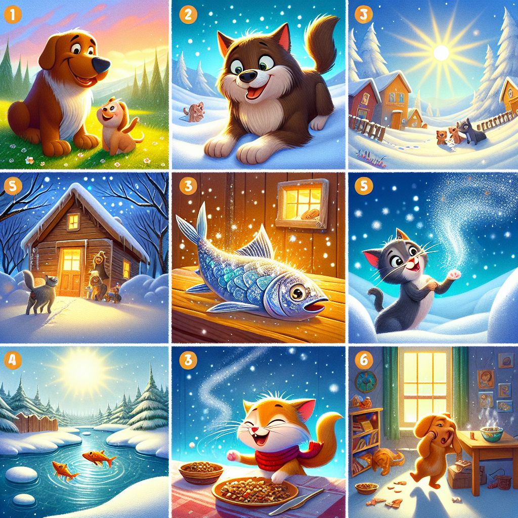 Colorful cartoon storyboard showing 8 key scenes from The Promise and the Fish