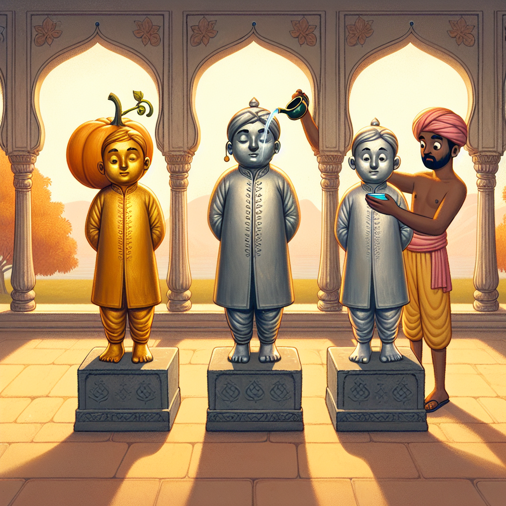 Colorful children's illustration for the story: The Three Statues