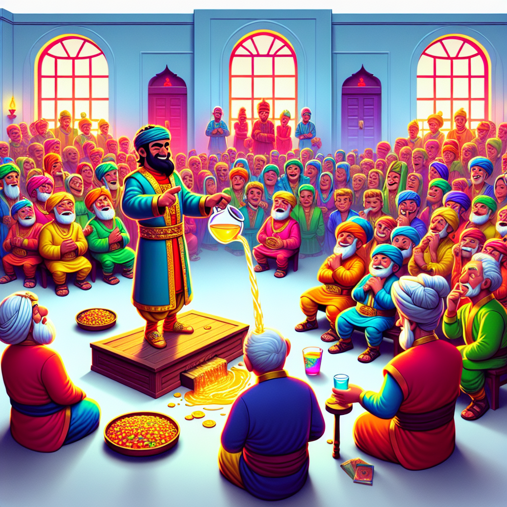 Colorful cartoon storyboard showing 8 key scenes from The Three Statues