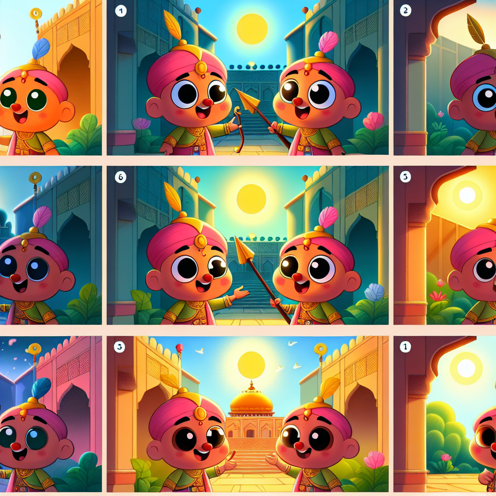 Colorful cartoon storyboard showing 8 key scenes from The Arrow and the Emperor