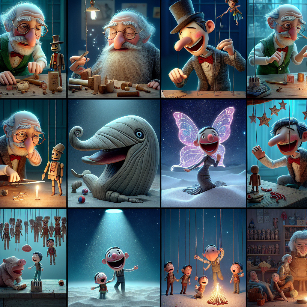 Colorful cartoon storyboard showing 8 key scenes from Pinocchio