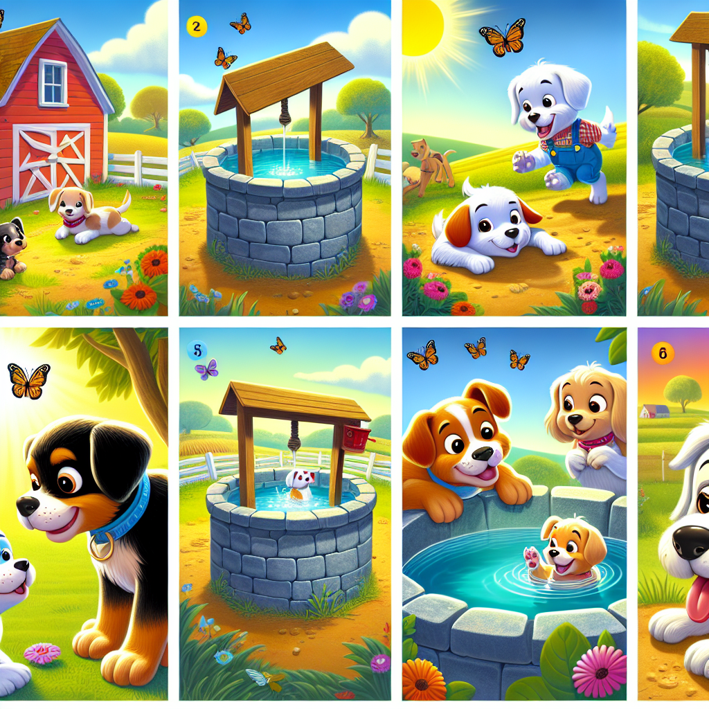 Colorful cartoon storyboard showing 8 key scenes from Biscuit and the Forbidden Well