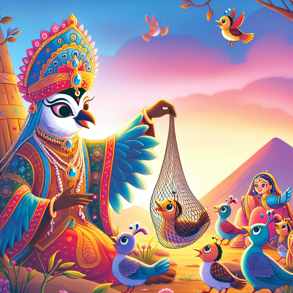 Colorful children's illustration for the story: The Quail and the Hunter