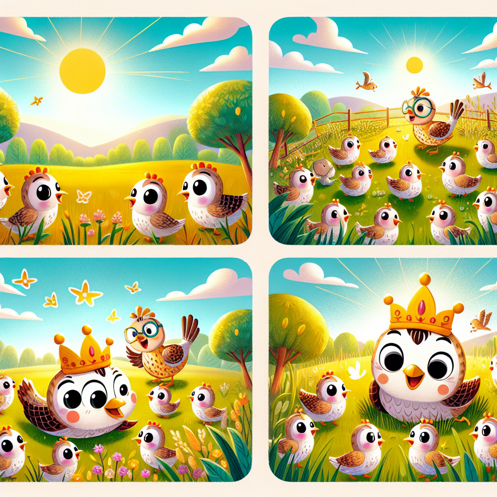 Colorful cartoon storyboard showing 8 key scenes from The Quail and the Hunter