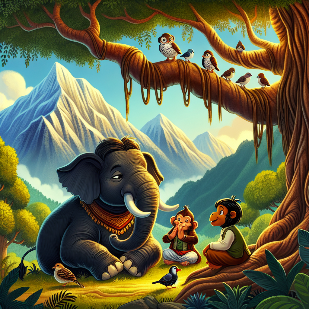 Colorful children's illustration for the story: The Quail and the Banyan Tree