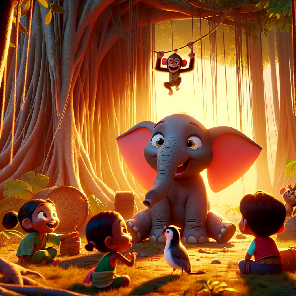 Colorful cartoon storyboard showing 8 key scenes from The Quail and the Banyan Tree