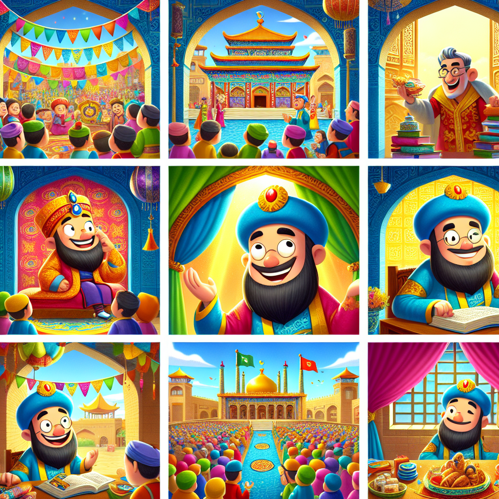 Colorful cartoon storyboard showing 8 key scenes from The Clever Praise