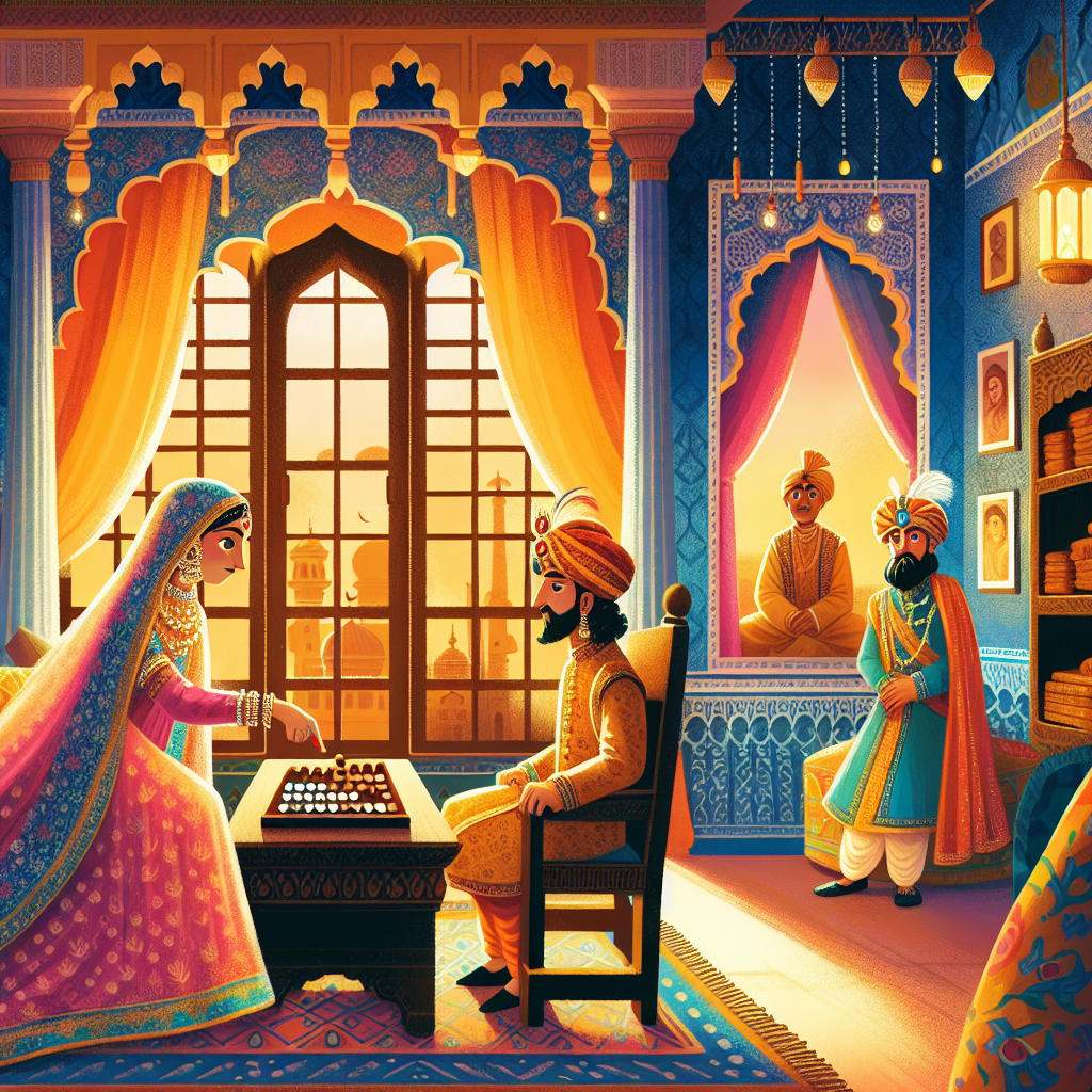 Colorful children's illustration for the story: The Queen's Clever Game