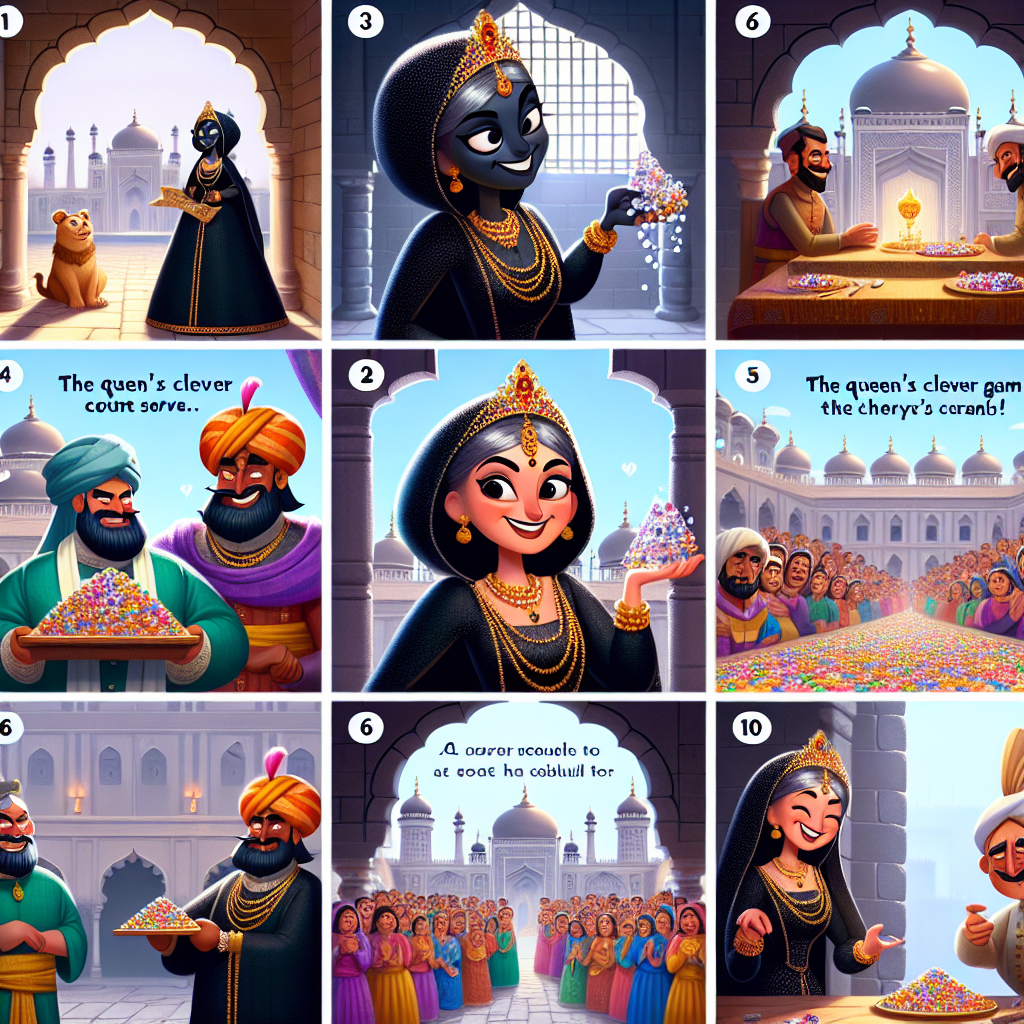 Colorful cartoon storyboard showing 8 key scenes from The Queen's Clever Game