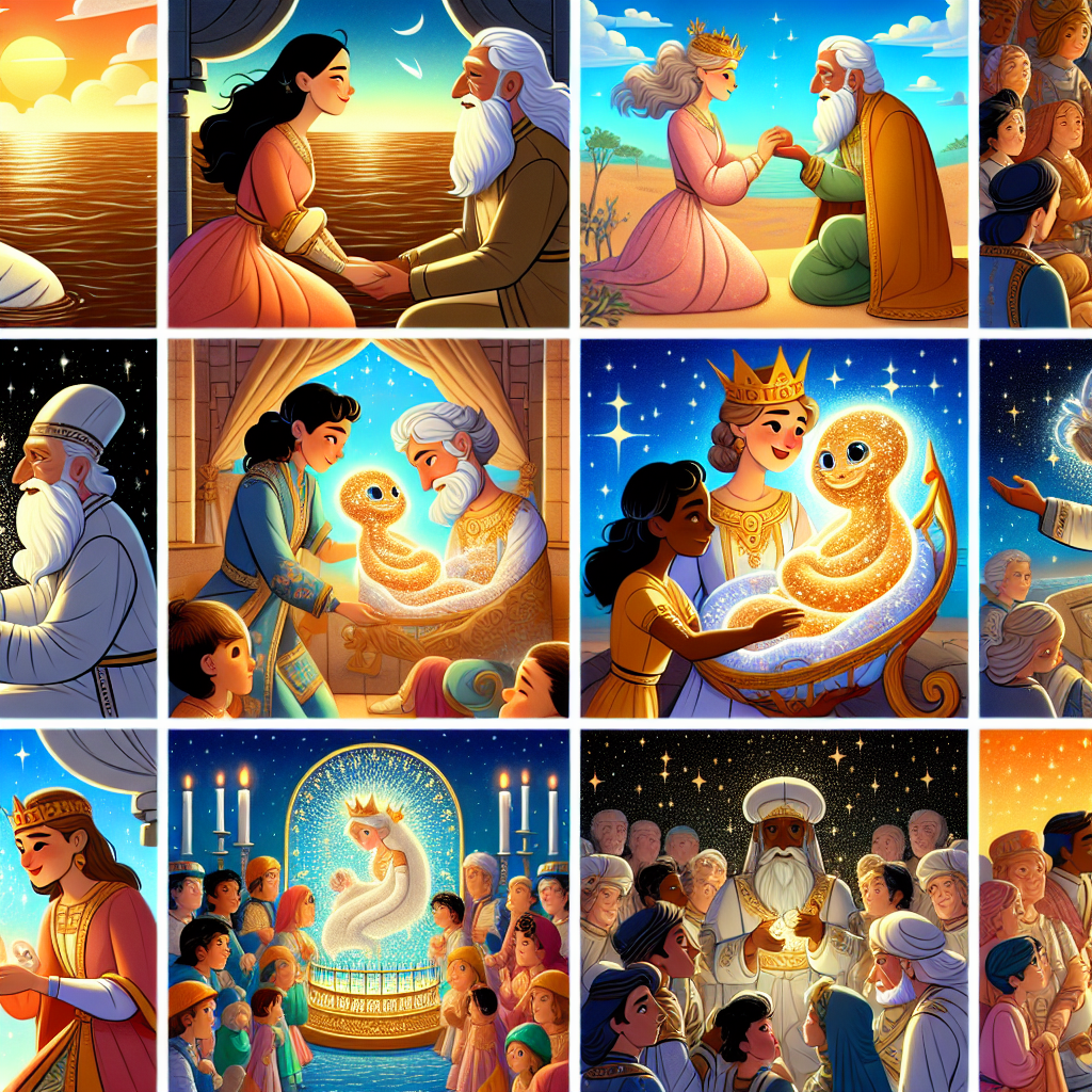 Colorful cartoon storyboard showing 8 key scenes from The Serpent's Prince