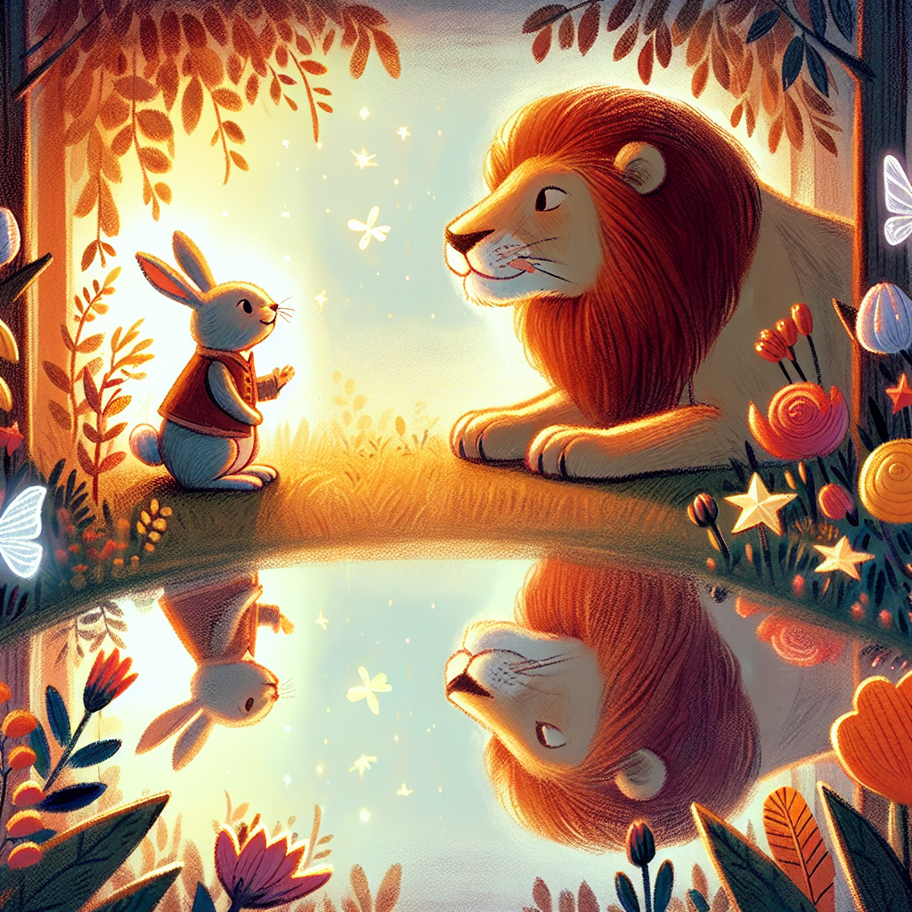 Colorful children's illustration for the story: The Lion and the Clever Rabbit