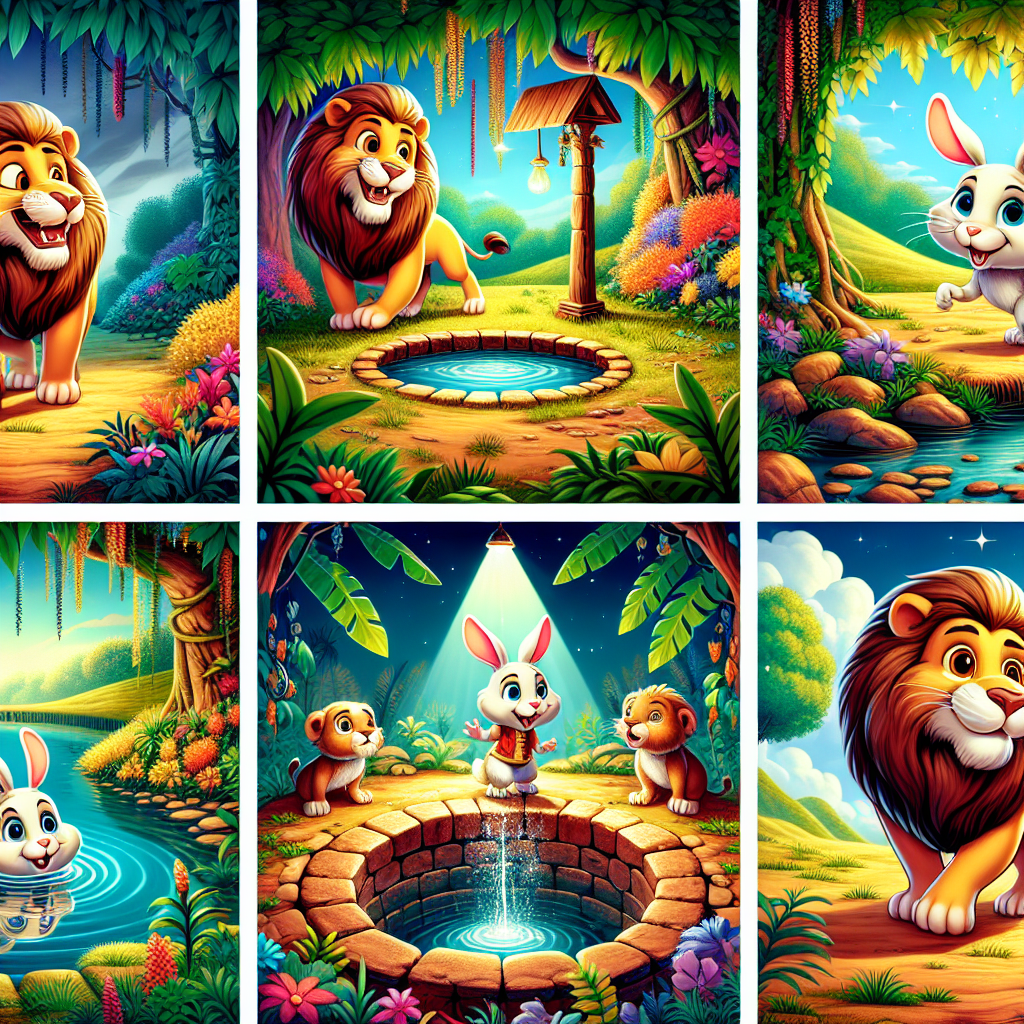 Colorful cartoon storyboard showing 8 key scenes from The Lion and the Clever Rabbit