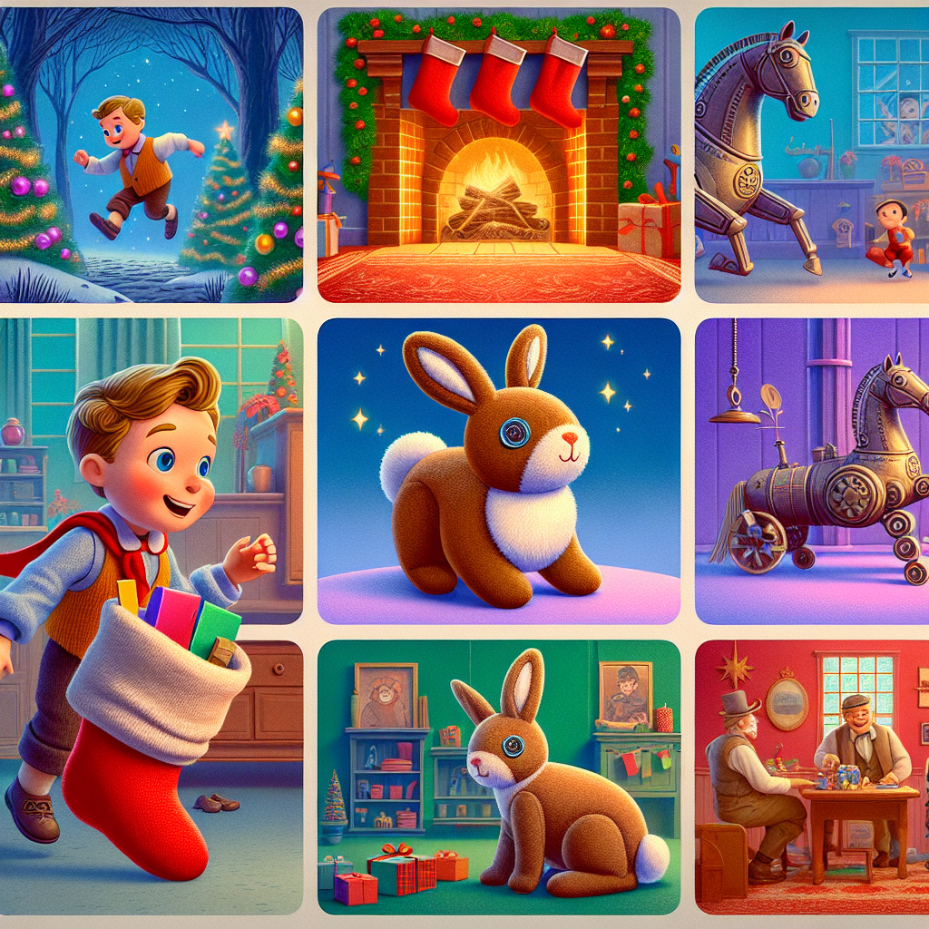 Colorful cartoon storyboard showing 8 key scenes from The Velveteen Rabbit