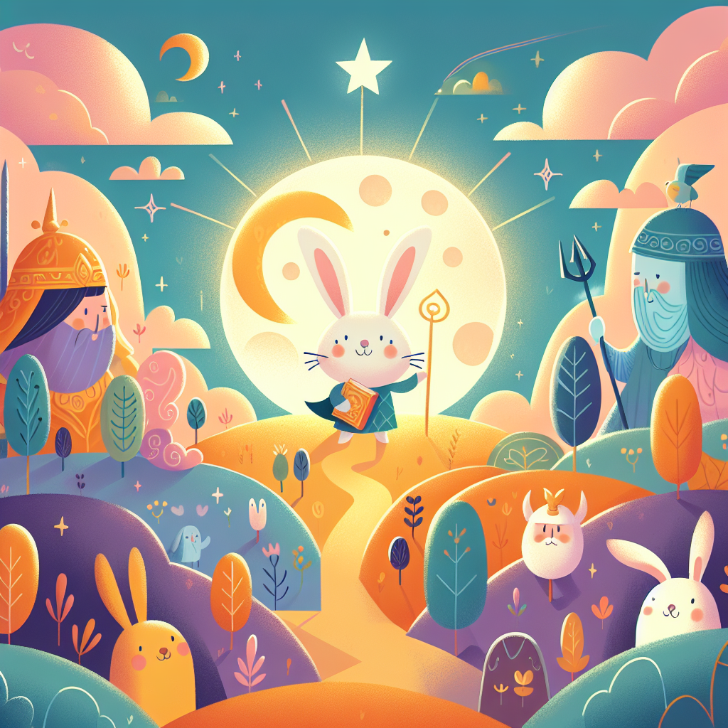 Colorful children's illustration for the story: The Moon Rabbit