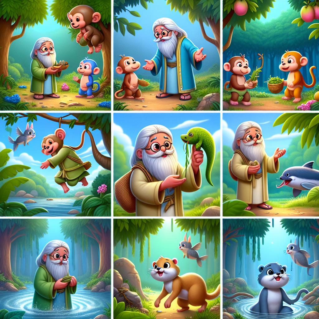 Colorful cartoon storyboard showing 8 key scenes from The Moon Rabbit