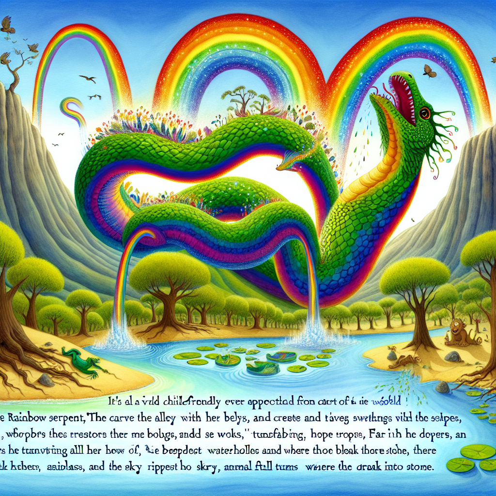 Colorful children's illustration for the story: The Rainbow Serpent
