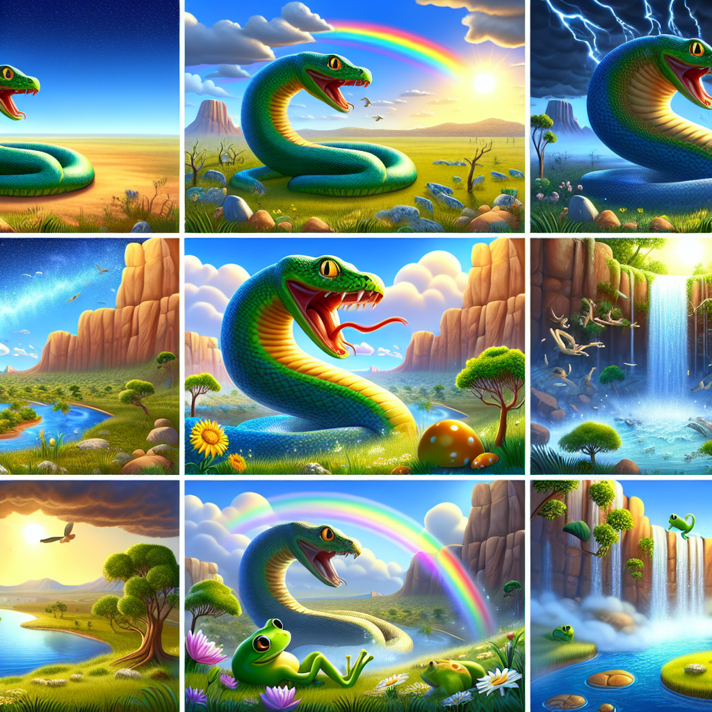 Colorful cartoon storyboard showing 8 key scenes from The Rainbow Serpent