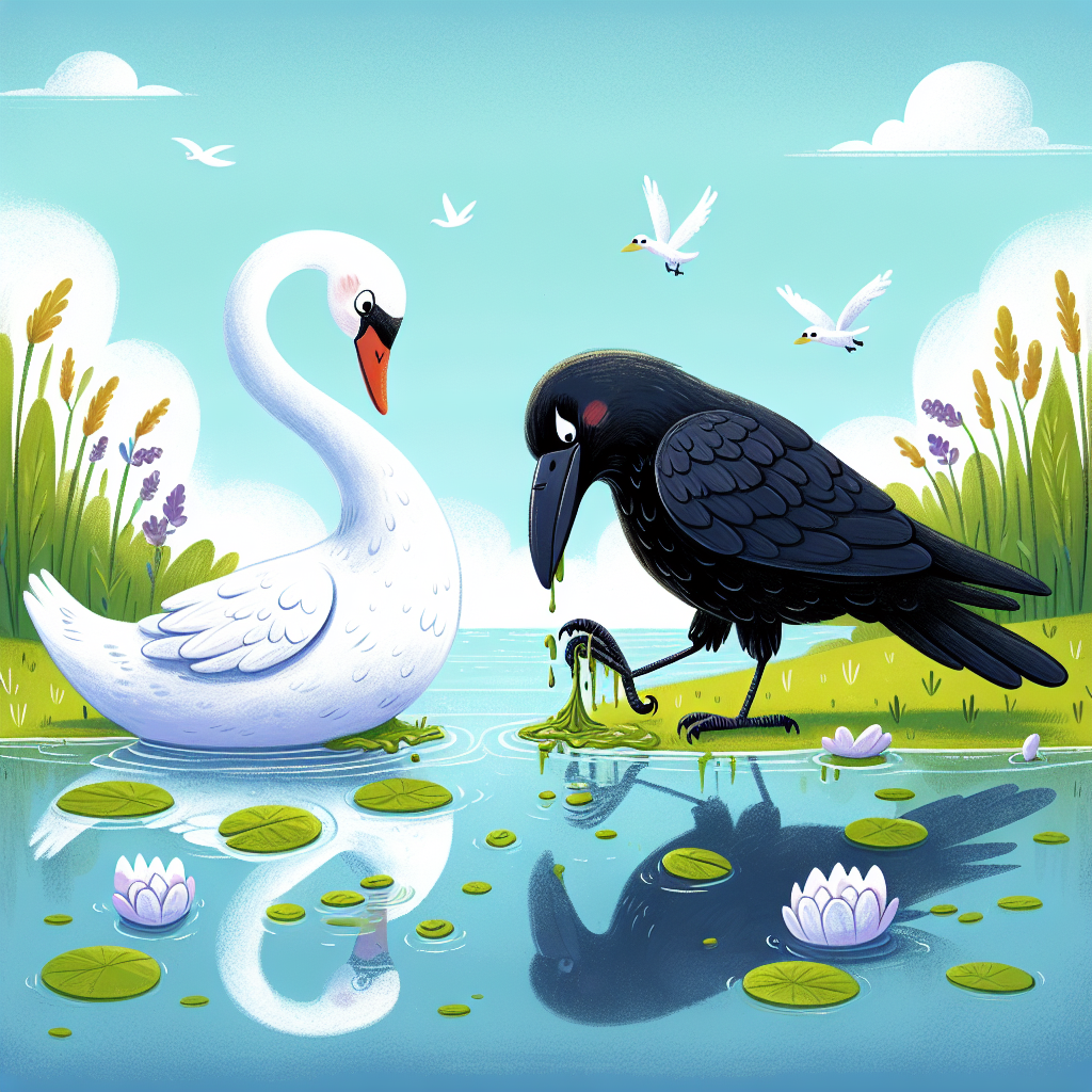 Colorful children's illustration for the story: The Raven and the Swan