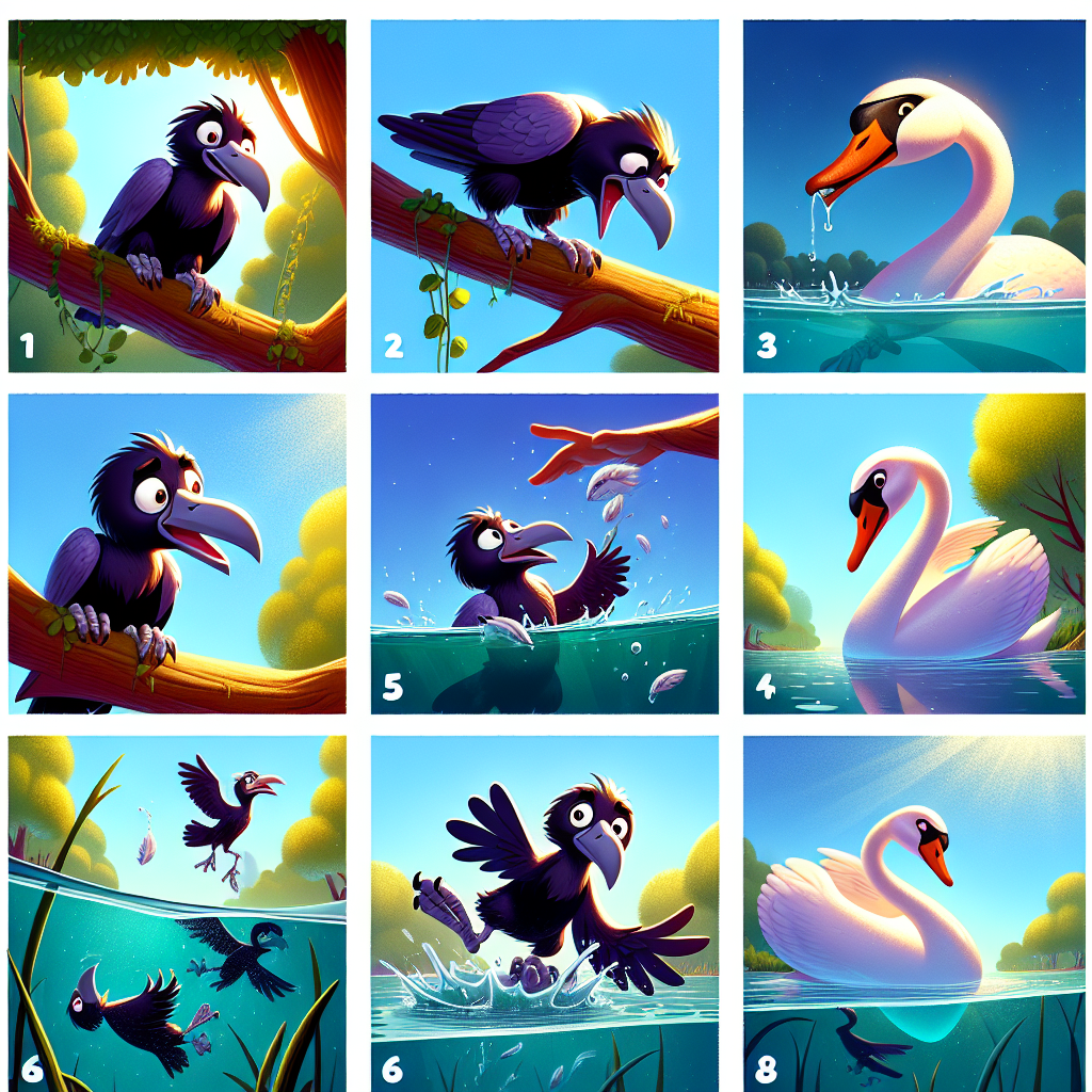 Colorful cartoon storyboard showing 8 key scenes from The Raven and the Swan