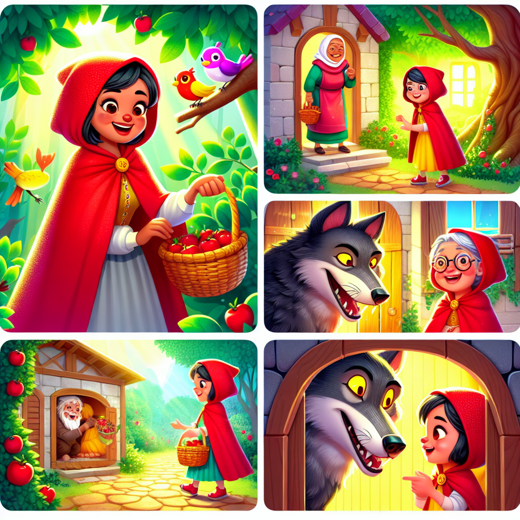 Colorful cartoon storyboard showing 8 key scenes from Little Red Riding Hood