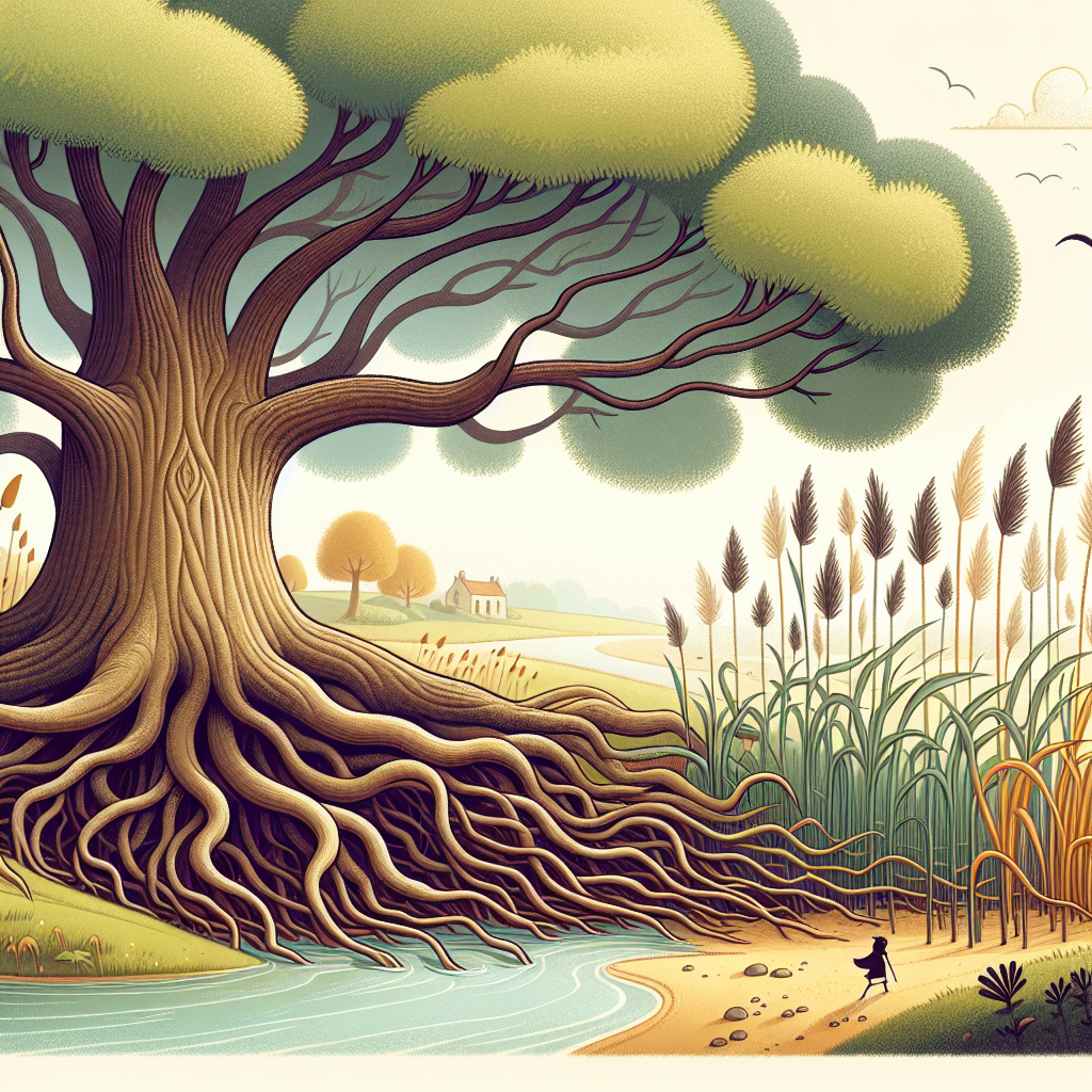 Colorful children's illustration for the story: The Oak and the Reeds