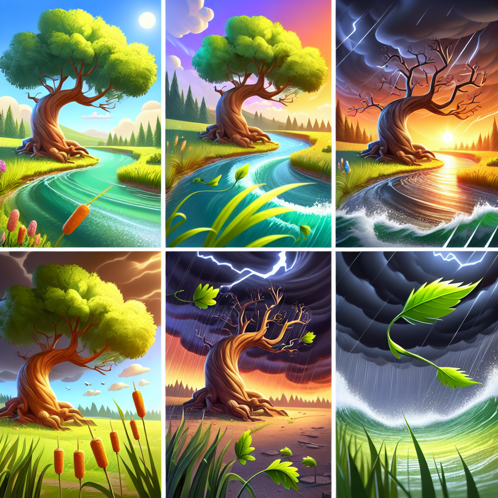 Colorful cartoon storyboard showing 8 key scenes from The Oak and the Reeds
