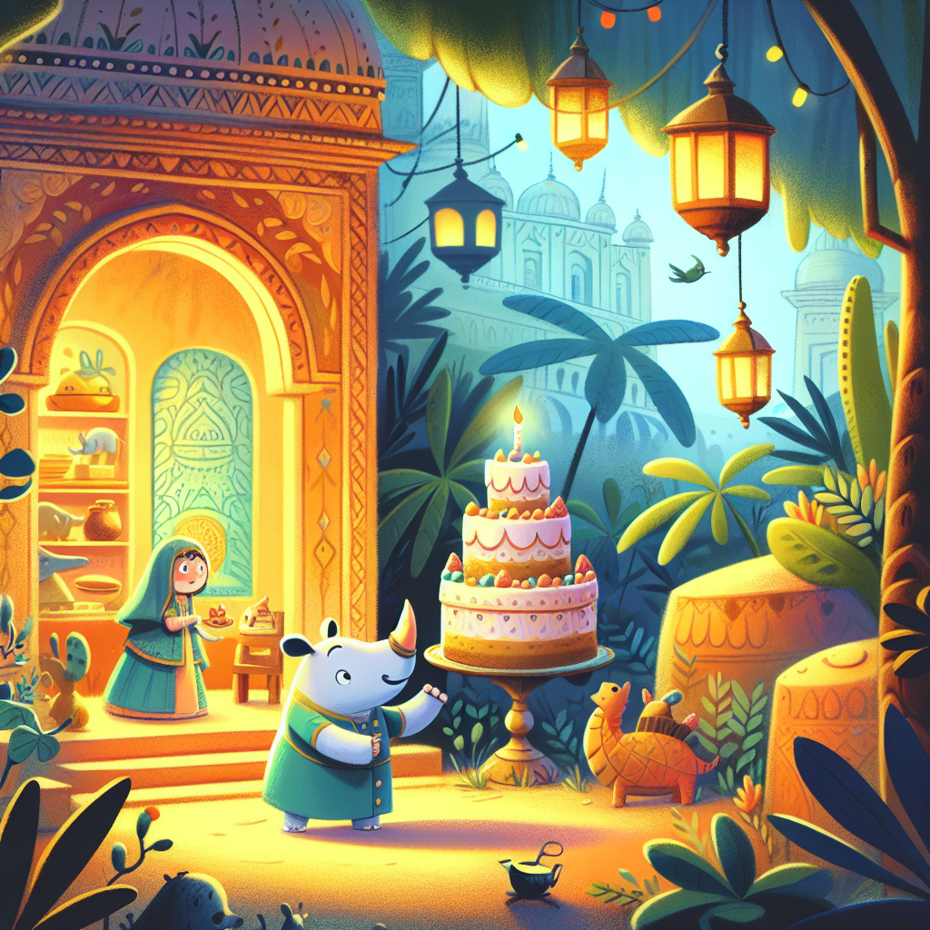 Colorful children's illustration for the story: The Rhinoceros and the Cake's Revenge